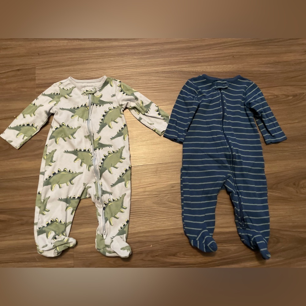 Carter's Green Dinosaur and Blue Striped Footies size 3/6M